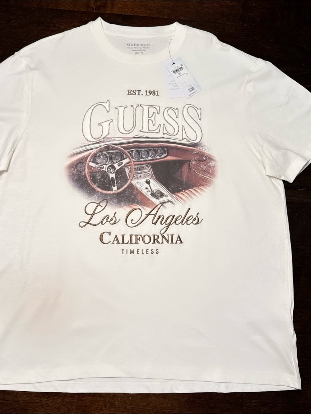 Guess White Short-Sleeve Tee with Brown Vintage Car Graphic - Picture 2 of 5